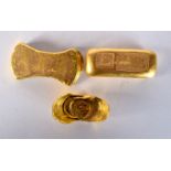 THREE CHINESE YELLOW METAL INGOTS. 367 grams. Largest 6.5 cm x 1.5 cm. (3)