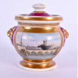 Chamberlain Worcester rare miniature covered vase with lion’s head to each side painted with a view