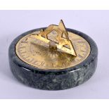 AN UNUSUAL ANTIQUE MINIATURE POCKET GARDEN SUNDIAL upon a marble plinth. 6.5 cm diameter.