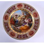 A FINE ANTIQUE VIENNA PORCELAIN CABINET PLATE depicting classical scenes. 24 cm diameter.