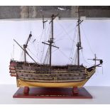 A large wooden model of a 17th Century Dutch Man of war sailing ship 70 x 80 cm.