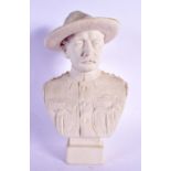 AN ANTIQUE ROBINSON & LEADBEATER PARIAN WARE BUST OF BADEN POWELL. 22 cm x 10 cm.