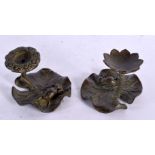 A PAIR OF JAPANESE BRONZE LILY PAD TOAD GROUPS of naturalistic form. 7 cm x 5.5 cm.