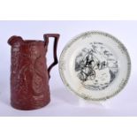 A RARE ANTIQUE FRENCH CYCLING POTTERY PLATE together with an English pottery dragon jug. Largest 18
