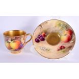 Royal Worcester demi tasse cup and saucer painted with fruit by Ricketts and Phillips, date mark 191