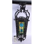 A LOVELY LARGE VICTORIAN BRONZE AND GLASS HALL LANTERN. 80 cm x 22 cm.