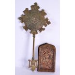AN UNUSUAL 19TH CENTURY AFRICAN BRONZE STAR SCEPTRE together with an embossed St George type copper