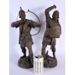 A PAIR OF ANTIQUE SPELTER FIGURES OF WARRIORS. 43 cm high.