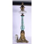 A RARE LARGE 19TH CENTURY GILT BRONZE BOHEMIAN GLASS OIL LAMP formed with figures beneath arches. 78