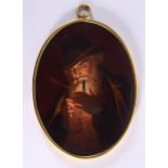 AN ANTIQUE EUROPEAN PORELAIN PLAQUE depicting a smoking man. 18 cm x 12 cm.