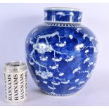 A LARGE 19TH CENTURY CHINESE BLUE AND WHITE PORCELAIN GINGER JAR AND COVER bearing Kangxi marks to b