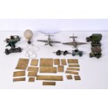 A collection of Dinky military models together wooden airplanes etc