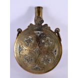 AN ANTIQUE CONTINENTAL ENGRAVED BRONZE POWDER FLASK. 15 cm x 12 cm.