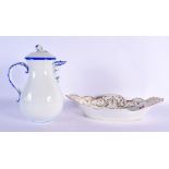A MEISSEN PORCELAIN COFFEE POT AND COVER together with a Dresden dish. Largest 32 cm x 18 cm. (2)