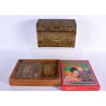 TWO VINTAGE GAMES together with a gilt metal stationary box. Largest 21 cm x 15 cm. (3)