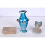 An Egyptian glazed stoneware vase together with two other stone ware items 13 cm (3).