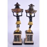 A FINE RARE PAIR OF REGENCY GILT BRONZE BLUEJOHN FIGURES modelled as ethnic figures upon pedestal ba