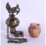 A 19TH CENTURY INDIAN BRONZE HANGING HOLY OIL BURNER together with an alabaster jarlet. Largest 34 c