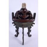 A CHINESE QING DYNASTY BRONZE ARCHAIC STYLE CENSER AND COVER with jade finial, decorated all over wi