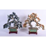 A PAIR OF EARLY 20TH CENTURY CHINESE JADE AND LAPIS LAZULI BONZAI TREES Late Qing/Republic. 32 cm x