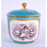 Mid 19th c. Sevres style sucrier and cover painted with children or a chicken sitting in a basket bo