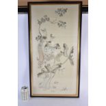A LARGE 19TH CENTURY CHINESE SILK EMBROIDERED PANEL depicting birds in landscapes. 75 cm x 35 cm.