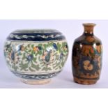 A 19TH CENTURY PERSIAN QAJAR POTTERY BOWL together with a similar bottle vase. Largest 15 cm x 15 cm