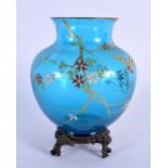 A 19TH CENTURY FRENCH AESTHETIC MOVEMENT BLUE GLASS VASE enamelled with insects. 15 cm x 10 cm.