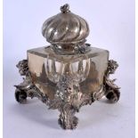 AN ANTIQUE SILVER PLATED CRYSTAL GLASS INKWELL. 18 cm x 12 cm.