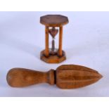 AN ANTIQUE SCOTTISH MAUCHLINE WARE SAND TIMER Clifton Bangor, together with a treen juice