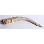 AN ANTIQUE BAVARIAN CARVED STAG ANTLER HORN MONKEY KNIFE. 18 cm long.