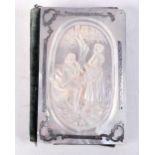 A French Aide Memoire with a carved Mother of Pearl cover and Propelling Pencil. 9.6cm x 6.6cm