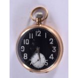 A 9CT GOLD BLACK DIAL MILITARY POCKET WATCH. 81.6 grams. 5 cm wide.