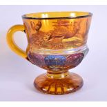 AN UNUSUAL 19TH CENTURY BOHEMIAN AMBER GLASS CUP painted with fowl and motifs. 10 cm x 8 cm.