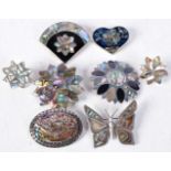 SIX SILVER AND MOTHER OF PEARL BROOCHES TOGETHER WITH A PAIR OF EARRINGS. Stamped 925 and