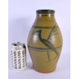 A STYLISH 1950S STUDIO POTTERY STONEWARE VASE painted with stylised birds. 26 cm x 14 cm.