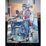 A huge oil on canvas depicting a piano player in a bar Signed Indistinctly 130 x 99 cm.