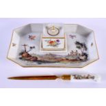 A GERMAN MEISSEN PORCELAIN DES STAND with removable inkwell and letter opener. 18 cm wide. (3)