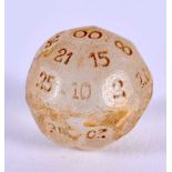 A VERY UNUSUAL ANTIQUE CARVED ROCK CRYSTAL 32 SIDED FORTUNE TELLING DICE possibly Czech, bearing