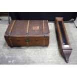 A wooden and canvas trunk together with a glass fronted Telescope case possibly for retail use 36