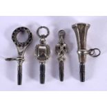 FOUR VINTAGE SILVER WATCH KEYS. 18.7 grams. Largest 4 cm x 1.25 cm. (4)