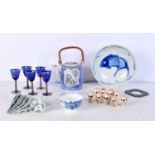 A collection of Chinese porcelain items ,teapots, bowls, dish ,stone skull necklace beads, glasses ,