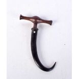 A Georgian Mahogany handled Rhino horn hook possibly a fish gaff 16 cm.