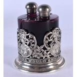 AN ART NOUVEAU SILVER PLATED INSCRIBED MAIDEN SCENT BOTTLE HOLDER decorated with a motto. 136