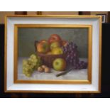 Gerald Norden (1912- 2020) Framed oil on board still life study of fruit 24 x 34 cm.