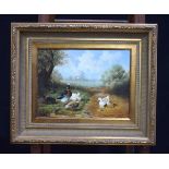 Ray Jacob 20/21st Century framed oil on canvas depicting waterfowl at a pond 31 x 39cm