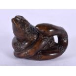 A JAPANESE CARVED WOOD TOAD AND SNAKE NETSUKE. 4.5 cm x 3.5 cm.