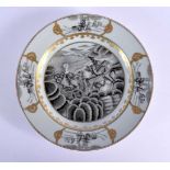 AN 18TH CENTURY CHINESE EXPORT EN GRISAILLE PORCELAIN PLATE Qianlong, painted with a chariot