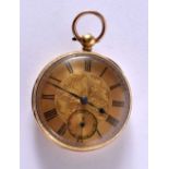 A FINE ANTIQUE 18CT GOLD POCKET WATCH with engraved foliate dial. 100 grams. 5 cm diameter.