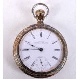 AN ANTIQUE YELLOW METAL WALTHAM POCKET WATCH. 120.5 grams. 5.5 cm diameter.